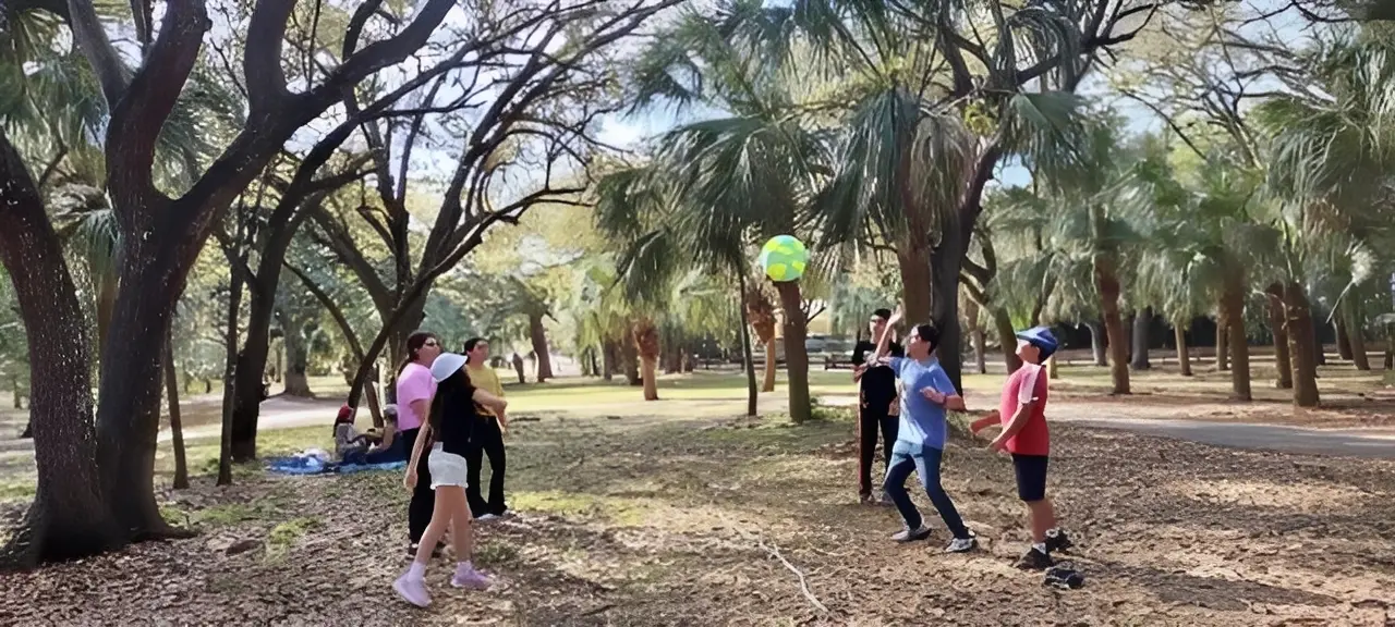 Group enjoys outdoor volleyball under trees
