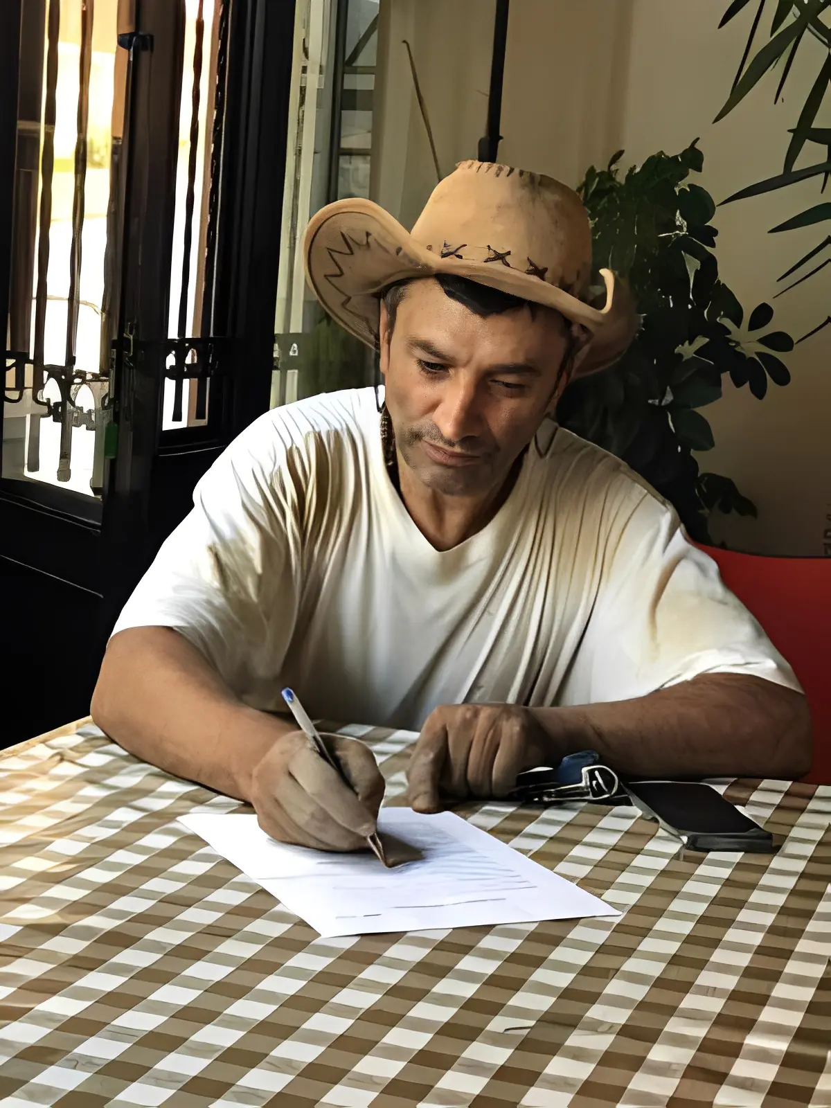 Person signing document on checkered table