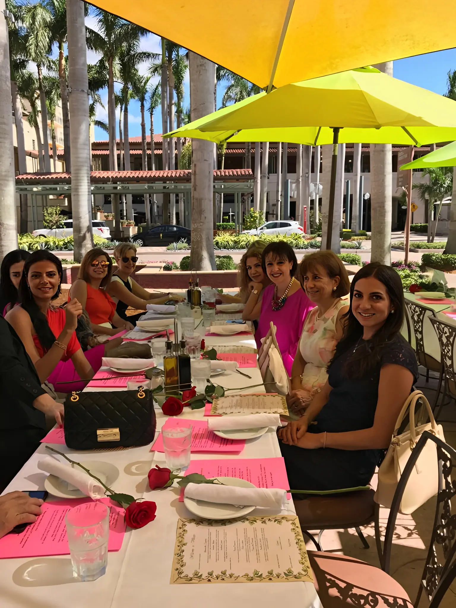 Group dining at a sunny outdoor table