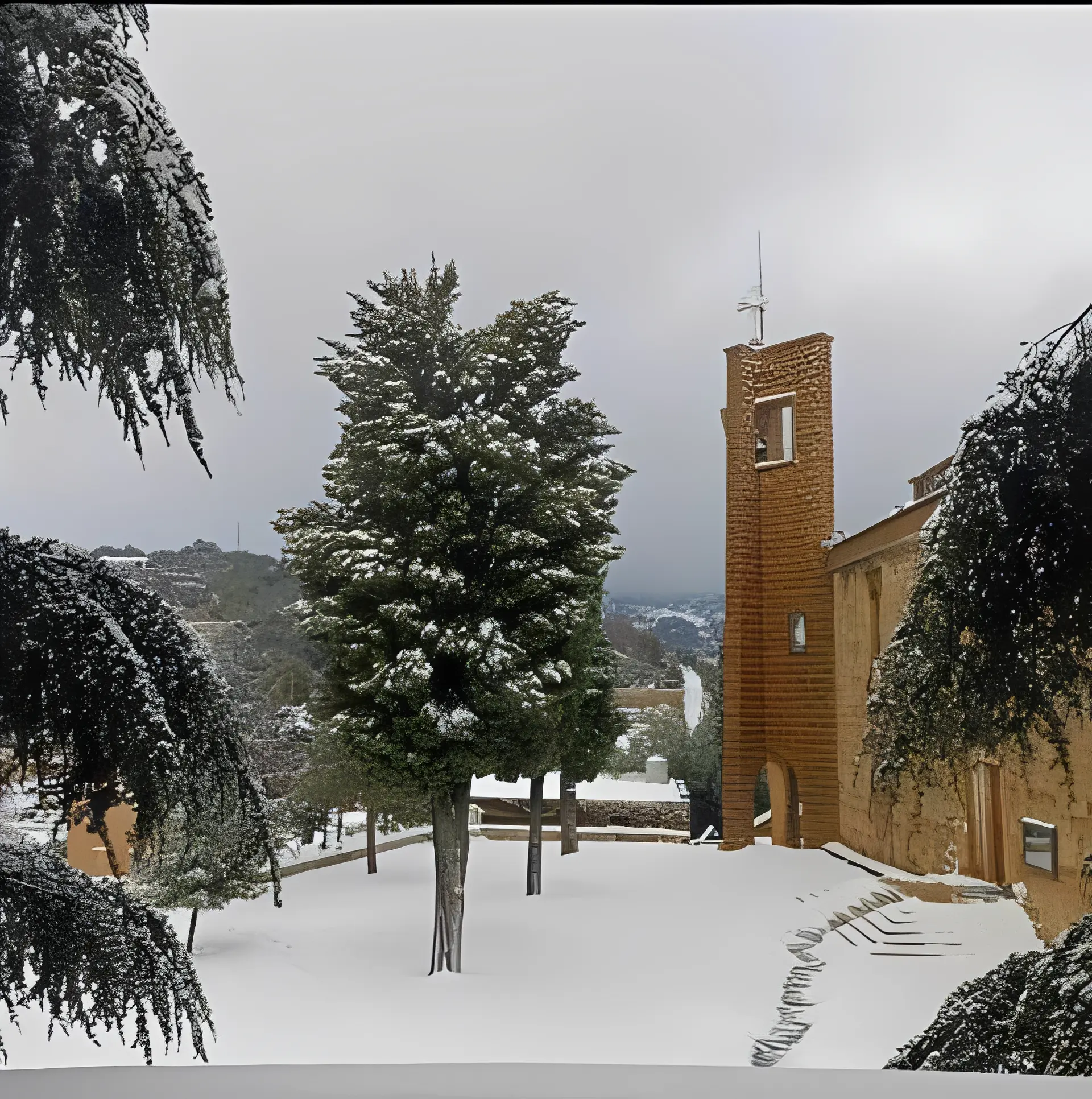 Winter scene with snow and brick structure