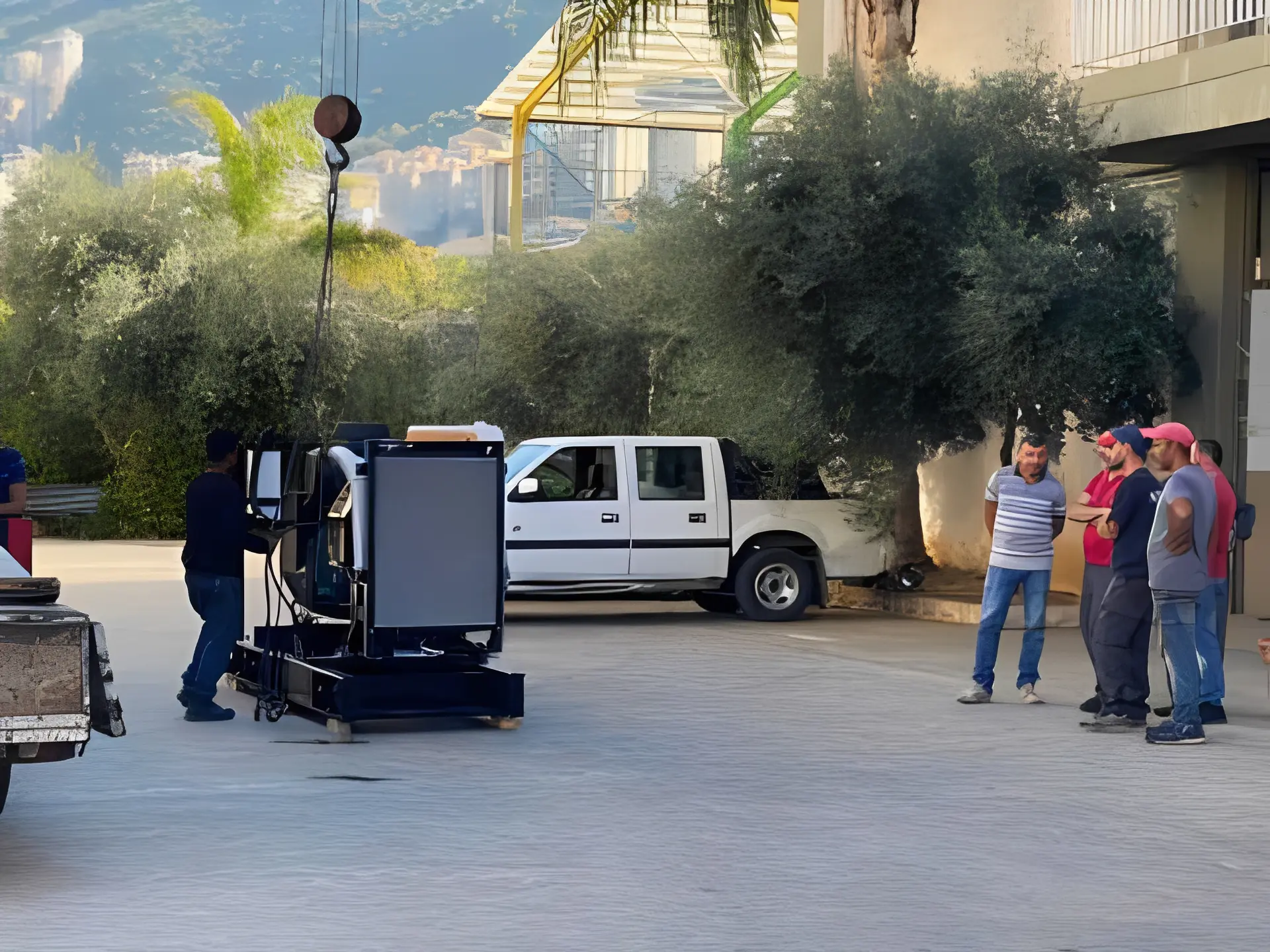 Workers supervising equipment delivery outdoors