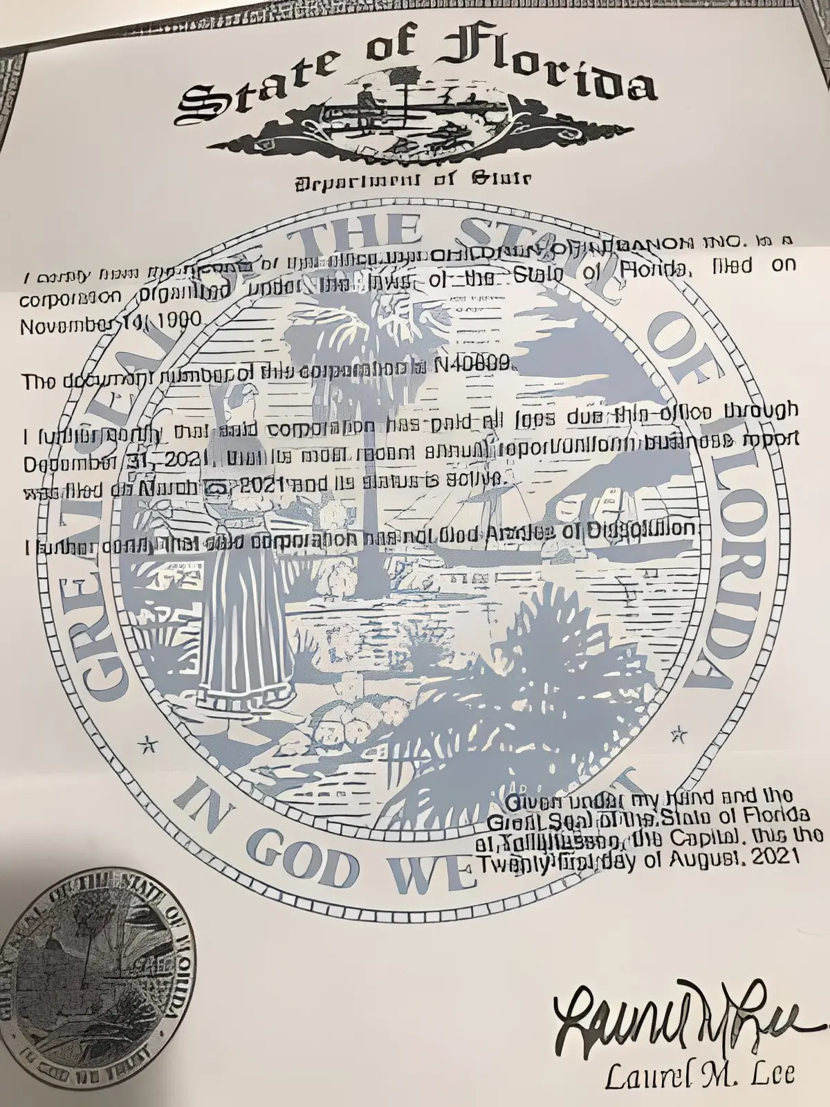 Florida corporation document with state seal