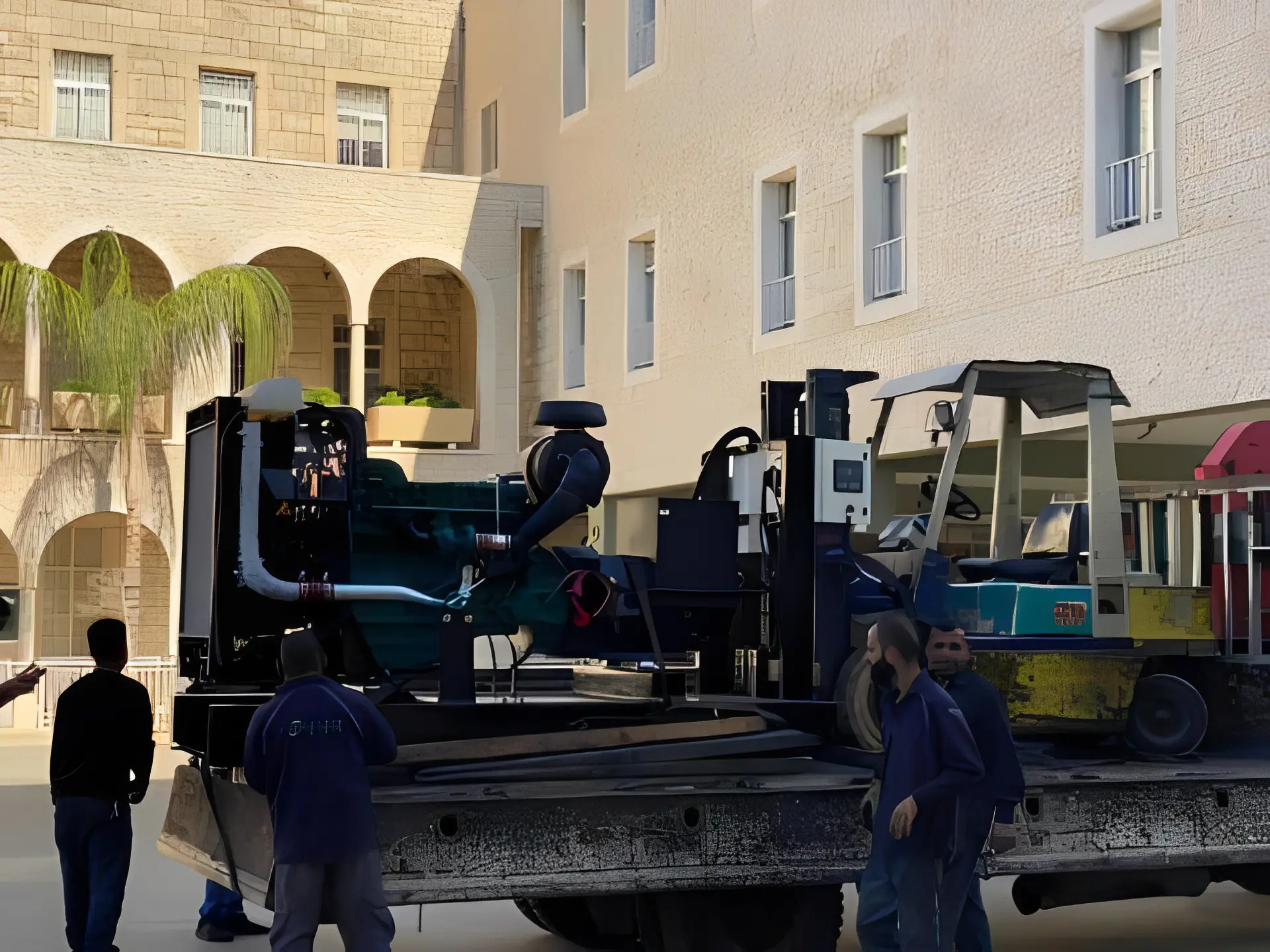 Forklift and equipment on flatbed truck