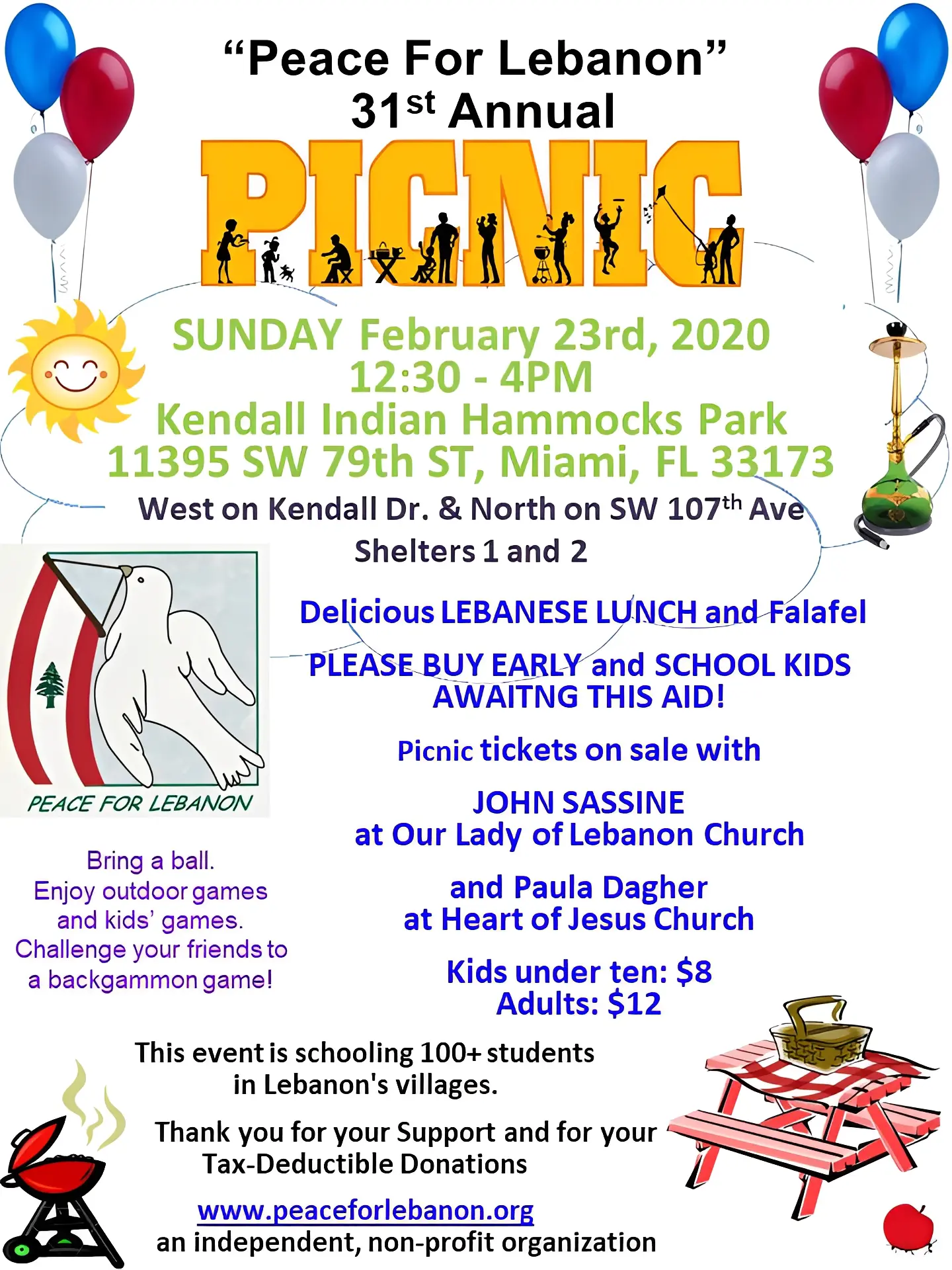 Picnic event flyer with balloons and sun.