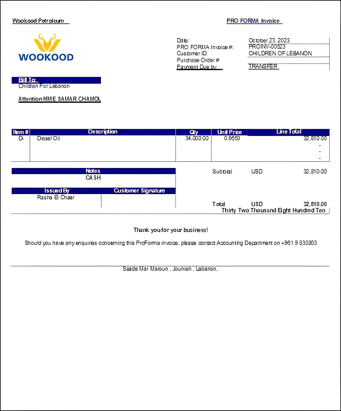 Document showing fuel purchase transaction