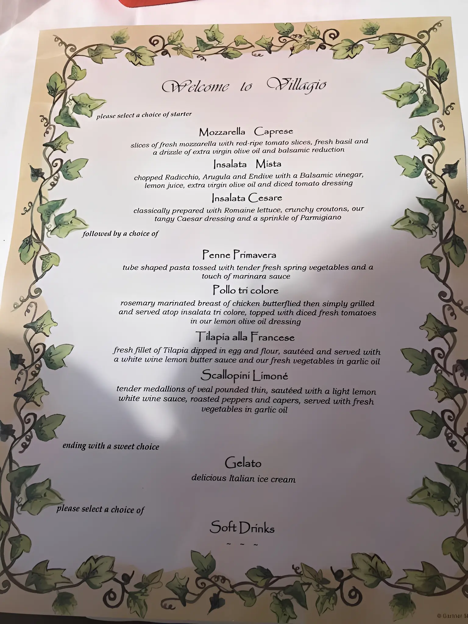 Menu featuring pasta and dessert options