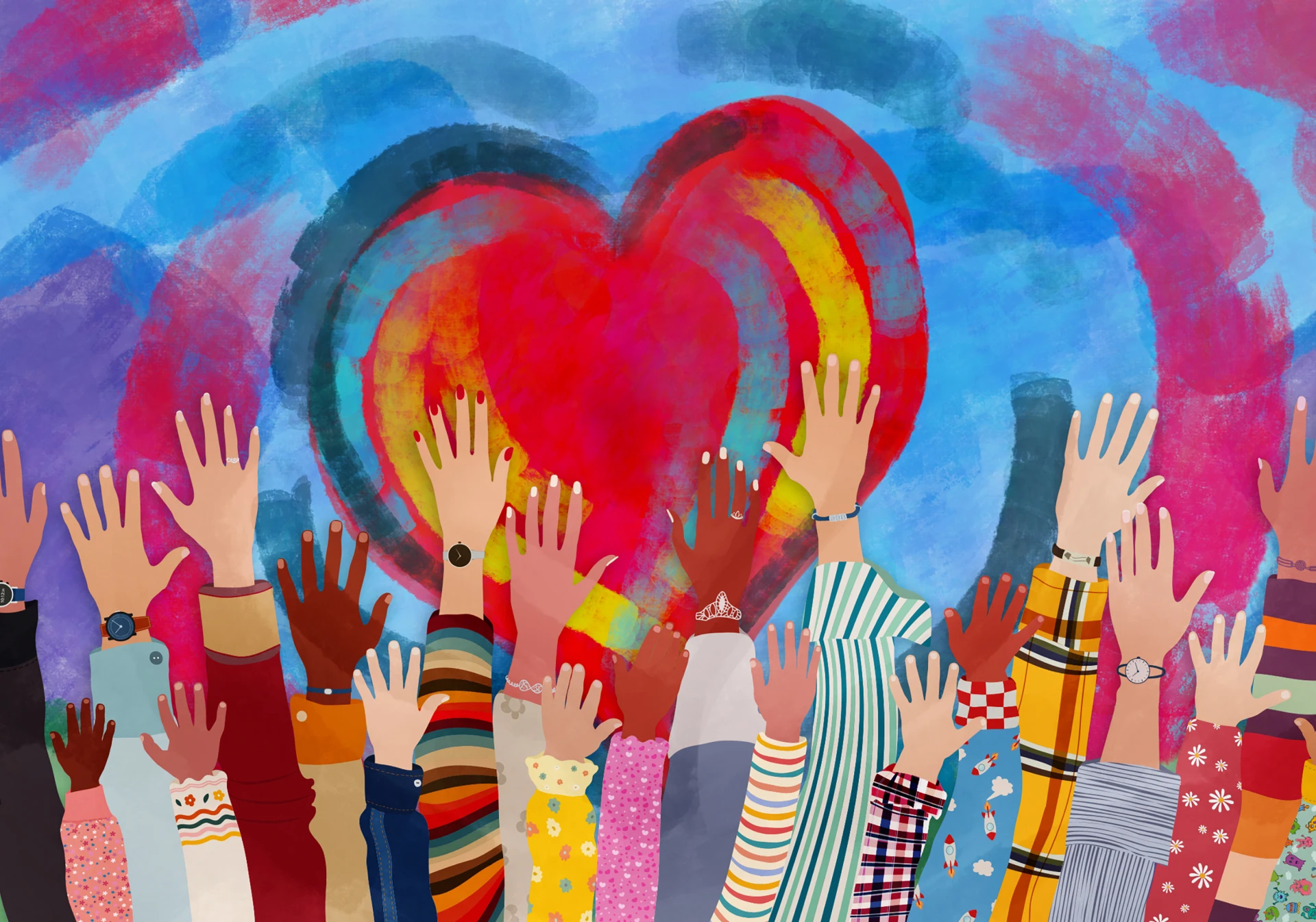 Hands reaching towards a colorful heart